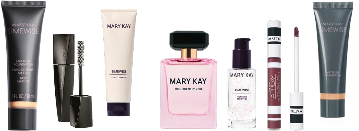 Produtos Mary Kay de cuidados com a pele, maquiagem, rímel e fragrância