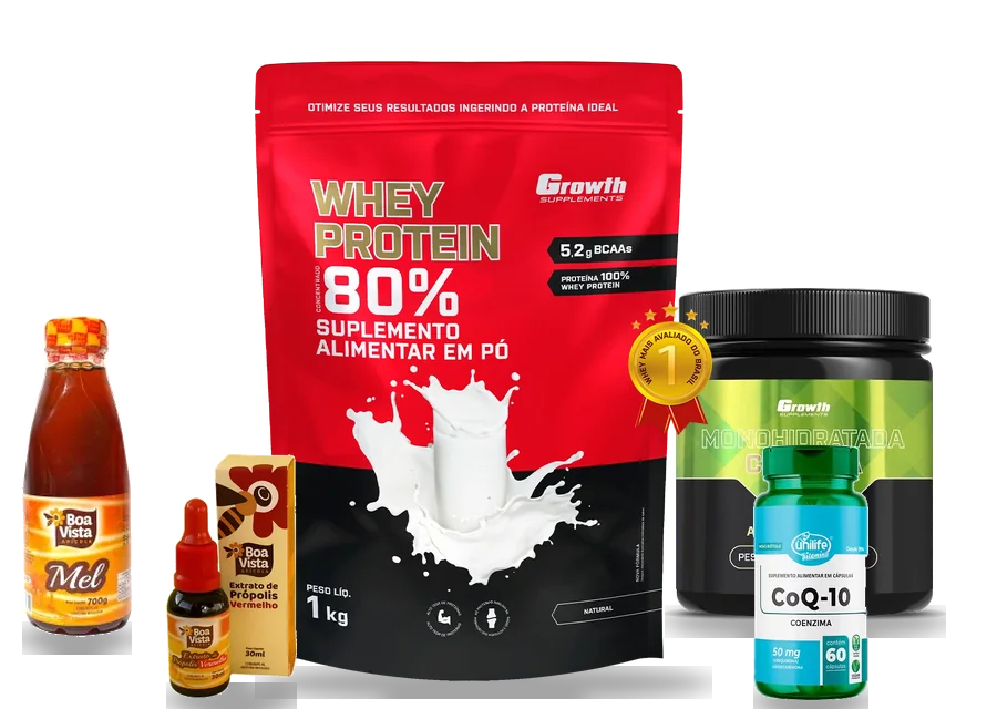 Whey protein, creatina, coenzima Q10, mel e própolis da Pronature