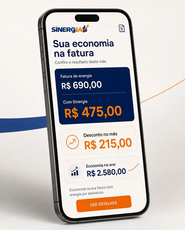 Aplicativo Sinergia mostrando a economia na fatura de energia