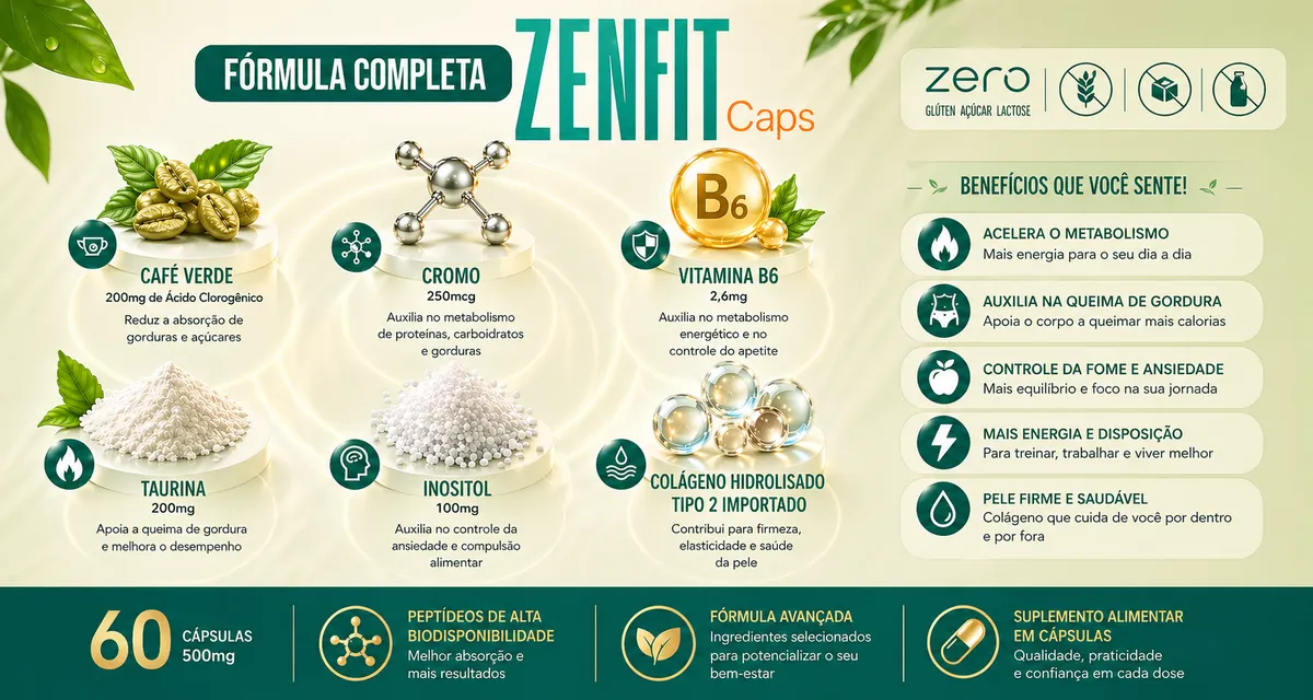 Fórmula completa do ZenFIT Caps: peptídeos de colágeno, cromo, inositol, vitamina B6, taurina e café verde